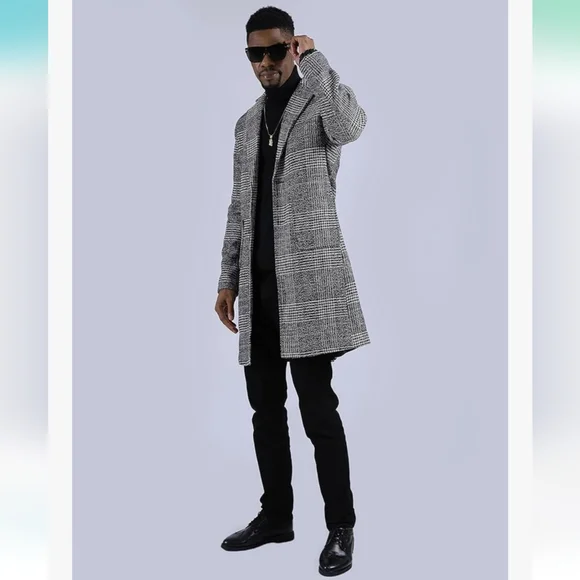 Uaneo Plaid Mid Length Single Breasted Coat Unisex Peacoat - Picture 1 of 6